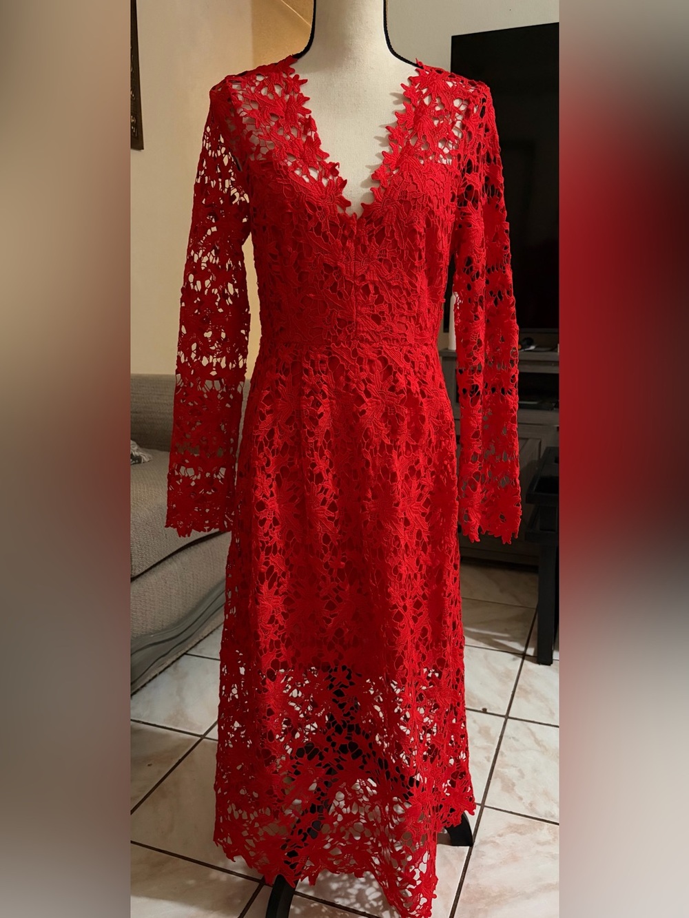 Astr Red Floral Lace Long-Sleeve V-Neck Midi Dress